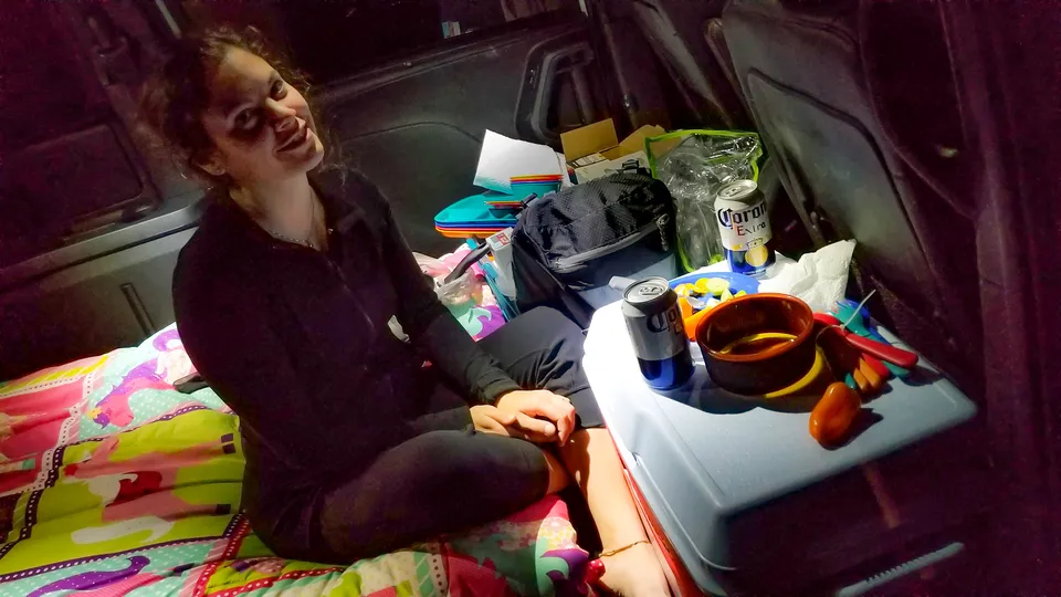 Sophie in the rented mini van